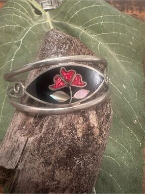Sterling Silver NOT MARKED Floral Inlay Cuff Bracelet - Red & Black